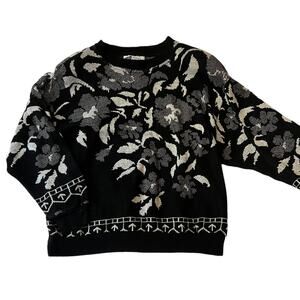 Vintage 1980s Top Notch Black Slouchy Floral Dolman Sweater S